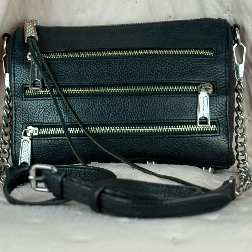 Rebecca Minkoff Black Leather Triple Zipper Rocker Crossbody Handbag Purse EUC - Picture 1 of 8